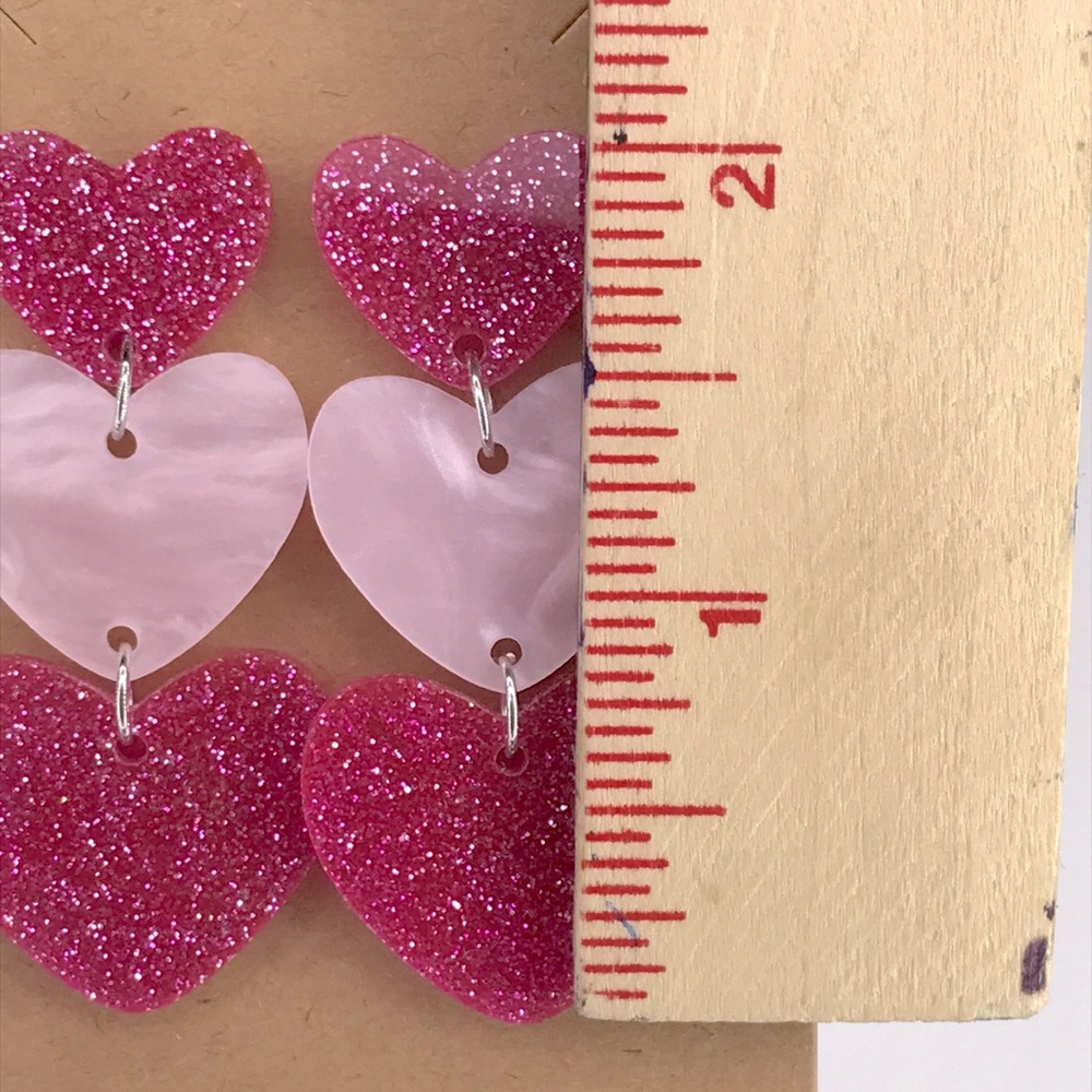 Pink Triple Layer Acrylic Sparkling Heart Earrings Fashion Jewelry - Picture 2 of 3